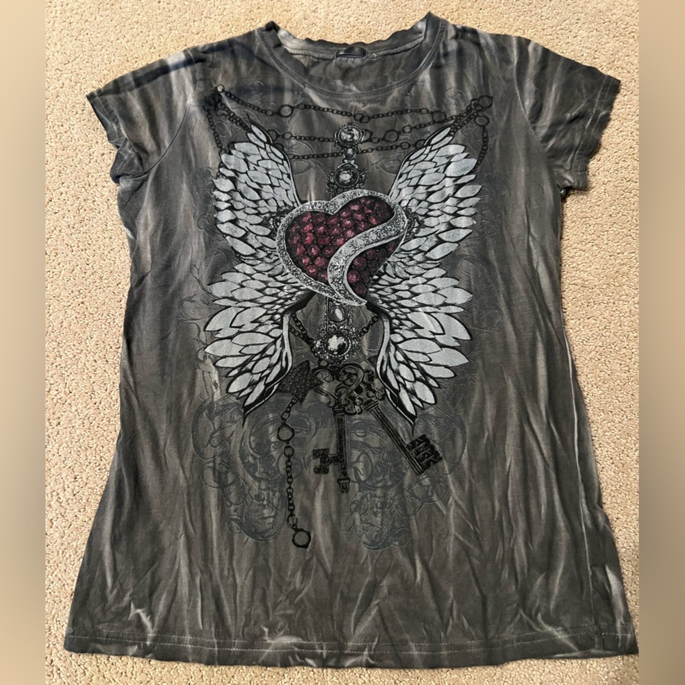 Gray Graphic Angel Wings T-Shirt